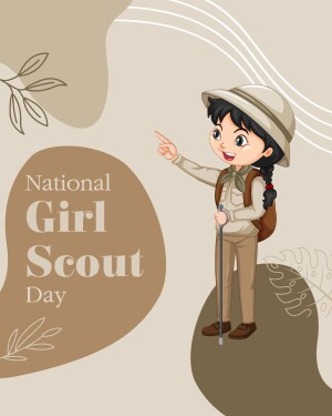 Illustration of a girl scout pointing forward with 'National Girl Scout Day' text.