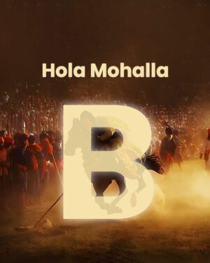 Poster for the Hola Mohalla festival featuring a large letter 'B' with a horse and riders silhouette.