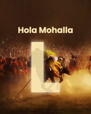 A vibrant image depicting the Hola Mohalla festival with a large crowd and horse riders.