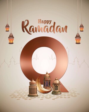Ramadan Kareem greeting with lanterns and crescent moon