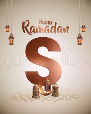Ramadan greeting with a large letter S and decorative lanterns
