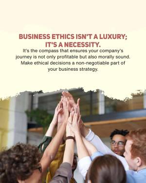 Diverse team celebrating with hands raised, with text emphasizing the importance of business ethics.