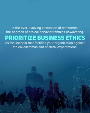 Image promoting the importance of business ethics with a blurred cityscape and network connections.