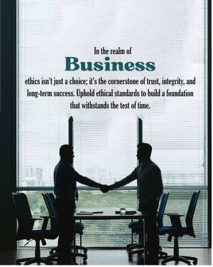 Two silhouetted business people shaking hands in a modern office with a quote about business ethics.
