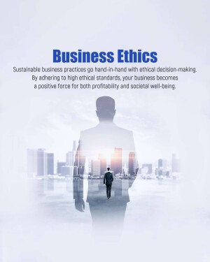 Silhouette of a businessman walking towards a city skyline with the text 'Business Ethics'