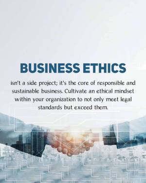 Image depicting a handshake over a city skyline with the text 'Business Ethics' and a quote about responsible business practices.