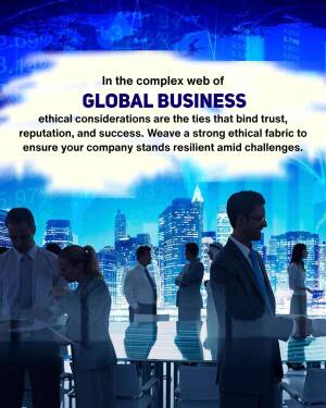 Image depicting professionals in a city with text about global business ethics.