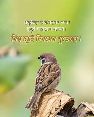 A small brown sparrow perched on a dry branch against a blurred green background with Bengali text overlayed.
