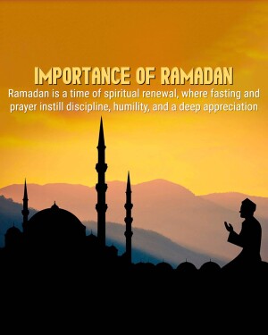 Silhouette of a mosque and a praying person against a sunset background with text 'Importance of Ramadan'