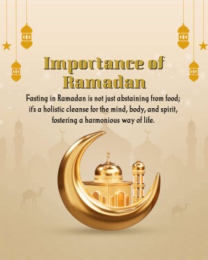 Ramadan crescent moon and mosque illustration with text about the importance of fasting.