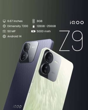 iQOO Z9 smartphone in blue and white colors with specifications listed