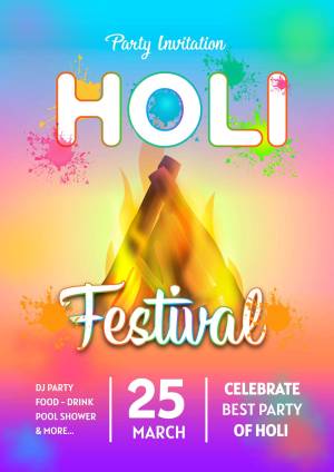 Colorful Holi Festival Party Invitation with bonfire and vibrant colors