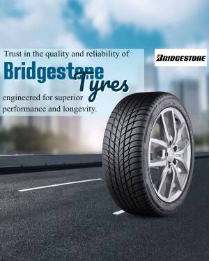 Close-up of a Bridgestone tyre on a road with the Bridgestone logo.