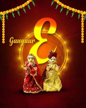 Gangaur festival poster with traditional dolls and decorations