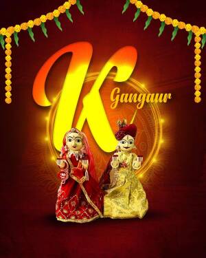 Gangaur festival greeting with traditional dolls and marigold flowers
