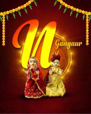 Image depicting a Gangaur festival greeting with traditional puppets and marigold flowers.
