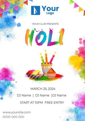 Colorful Holi festival flyer with water guns and sweets