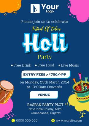 Holi Festival Party Invitation with colorful elements and event details