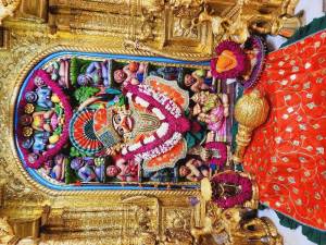 Close-up of a beautifully decorated Hanuman idol within a temple shrine.
