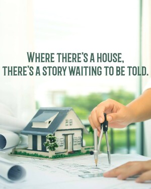 Architectural blueprint with a house model and drafting tools