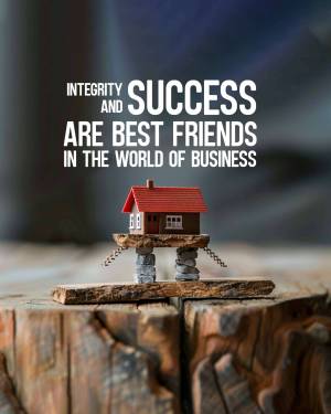 Miniature house on stacked stones with text 'Integrity and Success are best friends in the world of business'