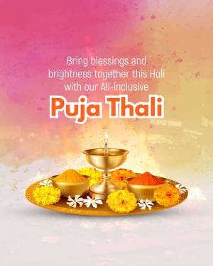 Image of a Puja Thali with colorful powders and flowers for Holi celebration.