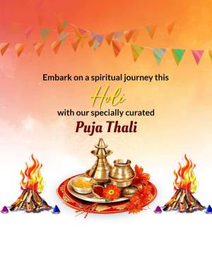 Holi festival advertisement featuring a Puja Thali and bonfire