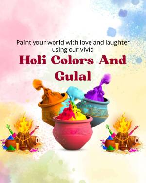 Colorful Holi festival image with pots of gulal and traditional elements.