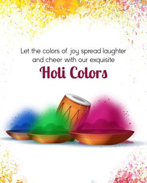 Holi festival image with colorful powders, drums, and bowls