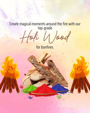 Holi Wood for bonfires with colorful powder and flames