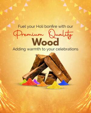 Image of stacked wood with colorful Holi powder, promoting premium quality wood for bonfires.
