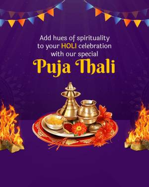 Golden Puja Thali with offerings and festive decorations for Holi