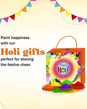 Holi gift bag with colorful powders and festive decorations