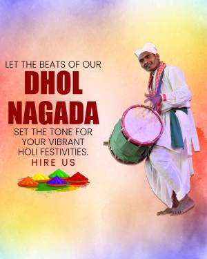 A man playing a Dhol Nagada drum with Holi colors in the background.