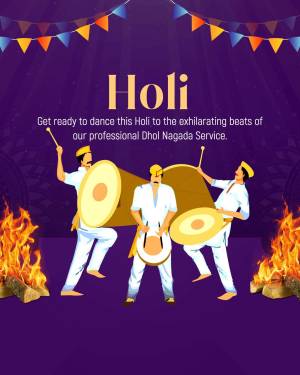 Illustration of musicians playing dhol drums with a Holi bonfire background.