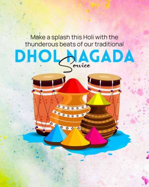 Colorful illustration of Dhol Nagada drums and Holi colors