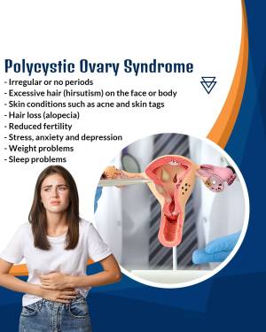Infographic illustrating Polycystic Ovary Syndrome symptoms with a woman experiencing abdominal discomfort and a visual representation of the ovaries.