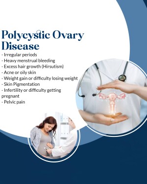 Image illustrating Polycystic Ovary Disease symptoms and a doctor examining a pregnant patient.