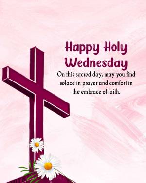 Image of a purple cross with daisies and text 'Happy Holy Wednesday'