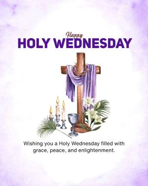 Watercolor illustration of a cross, candles, and lilies with the text 'Happy Holy Wednesday'