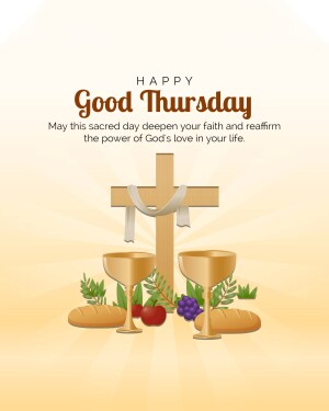 Image depicting a cross, chalices, bread, grapes, and an apple with the text 'Happy Good Thursday'