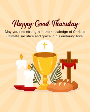 Image depicting a religious scene with a chalice, bread, candle, and cross with the text 'Happy Good Thursday'