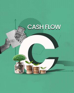 Image depicting cash flow, money, and growth with a green background.
