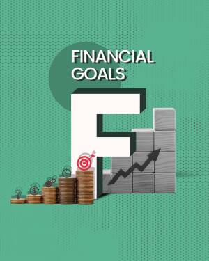 Illustration depicting financial goals with stacked blocks forming the letter 'F' and growth charts.