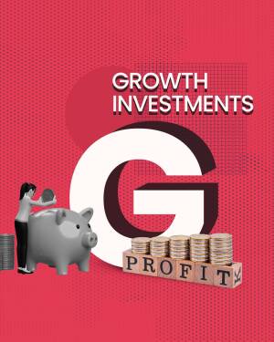Image depicting growth investments with a piggy bank, coins, and the letter 'G'