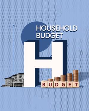 Image depicting a household budget with a house, coins, and the word 'BUDGET'.