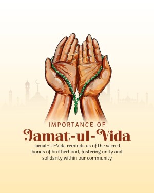 Hands holding prayer beads with a mosque background and text about Jamat-ul-Vida