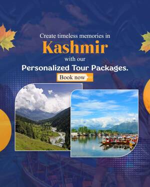 Kashmir travel advertisement with scenic landscapes and personalized tour packages.