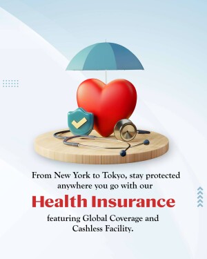 Image depicting health insurance with a heart, stethoscope, and shield, representing global coverage.