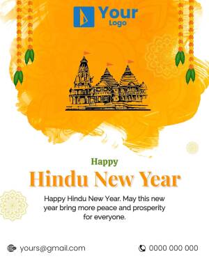 Hindu New Year greeting with temple illustration